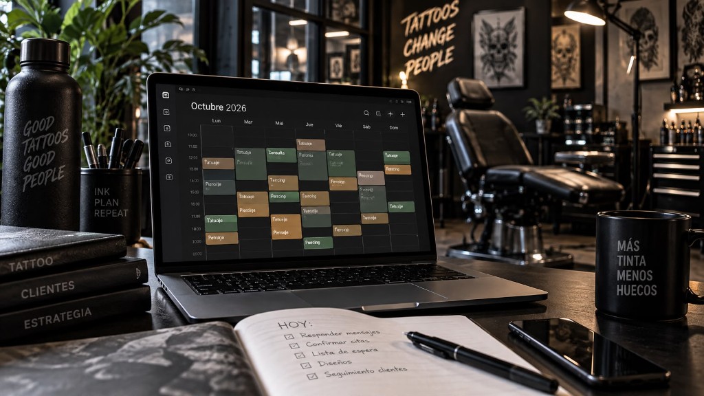 Portátil con agenda digital y cuaderno de planificación en un estudio de tatuajes