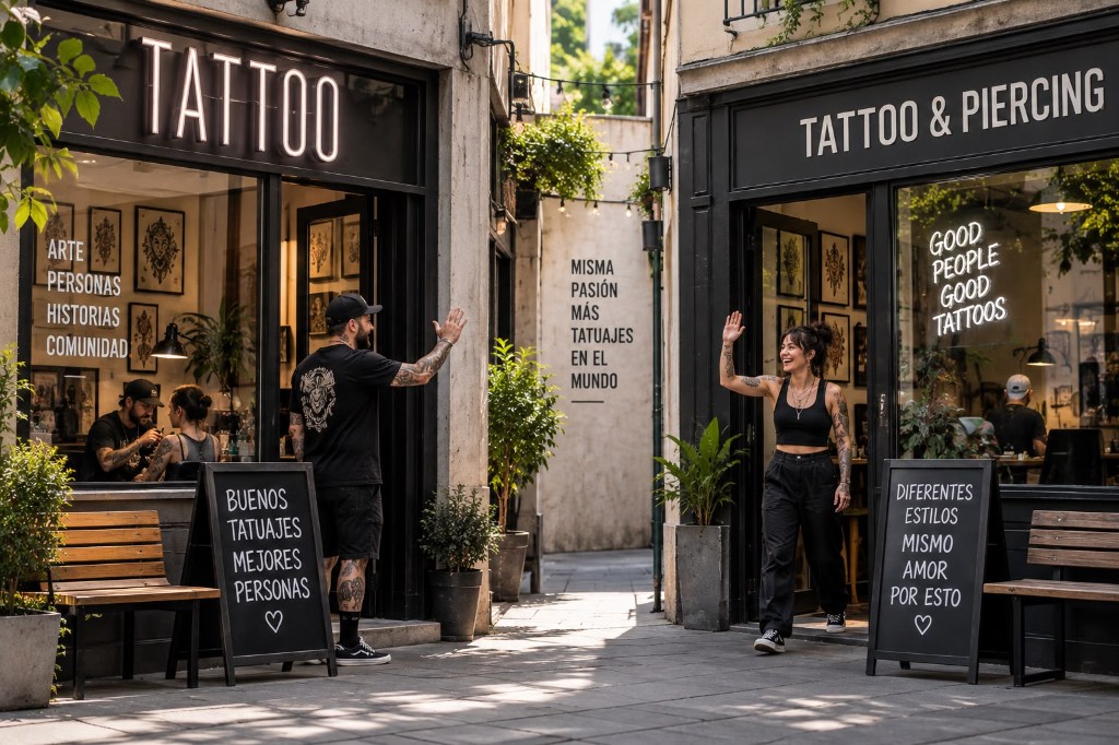 Dos estudios de tatuaje vecinos saludándose en la calle