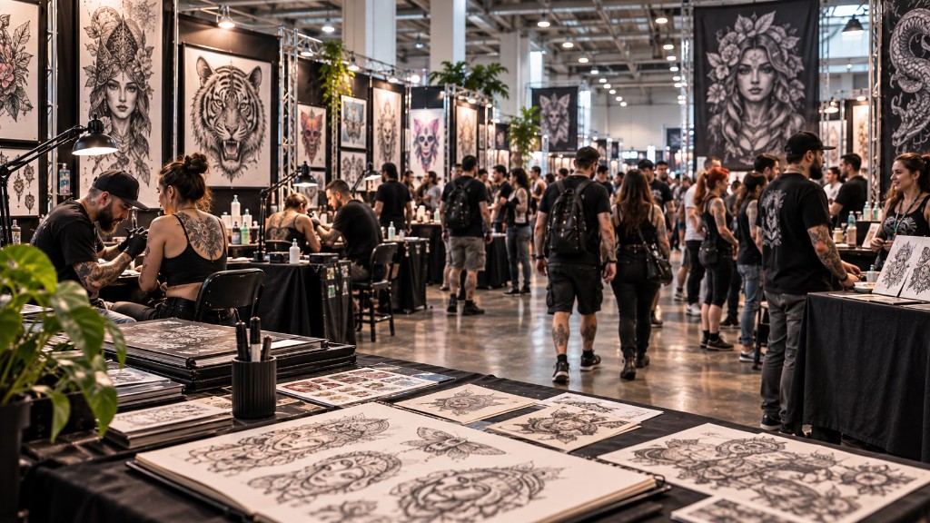 Convención de tatuaje: artistas trabajando en sus stands