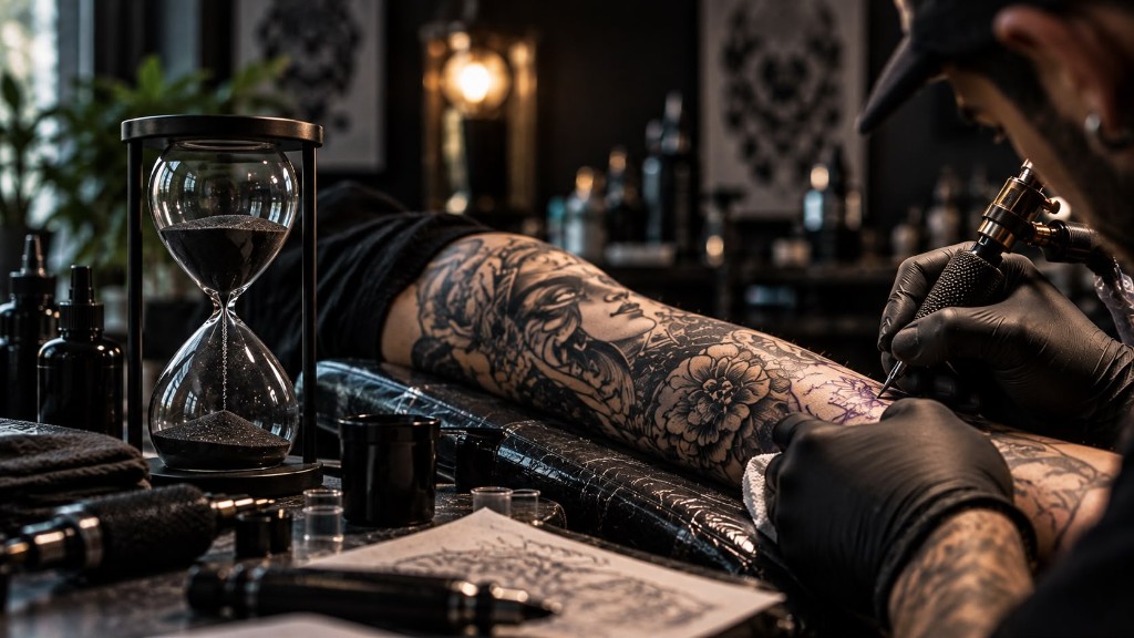 Duración de una sesión de tatuaje: tatuador trabajando junto a un reloj de arena
