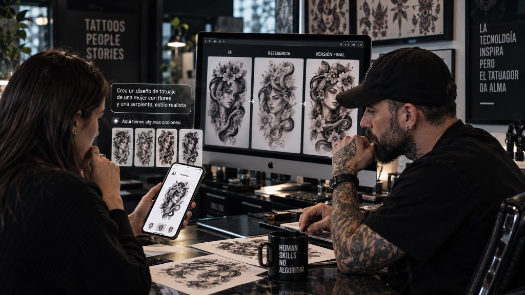 IA y tatuaje: cliente y tatuador revisando diseños generados y la versión final