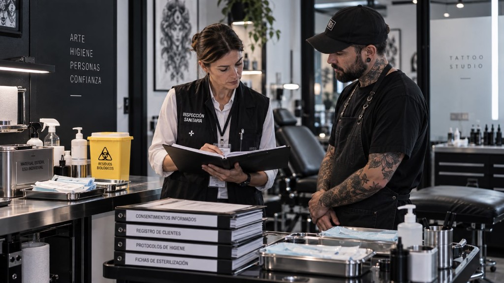 Inspección sanitaria en un estudio de tatuajes revisando documentación e higiene