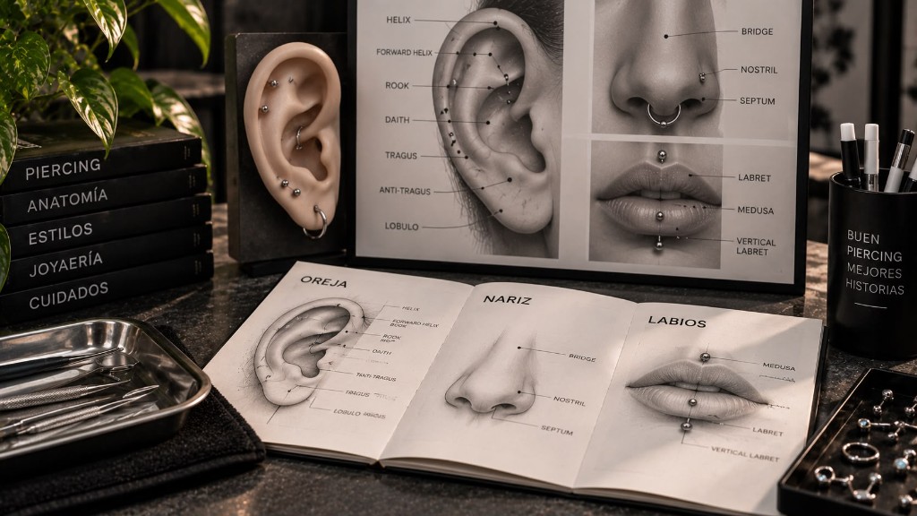 Anatomía del piercing: oreja, nariz y labios con zonas de perforación