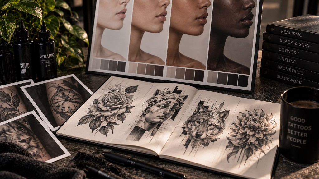 Estilos de tatuaje en blanco y negro y carta de tonos de piel en el estudio