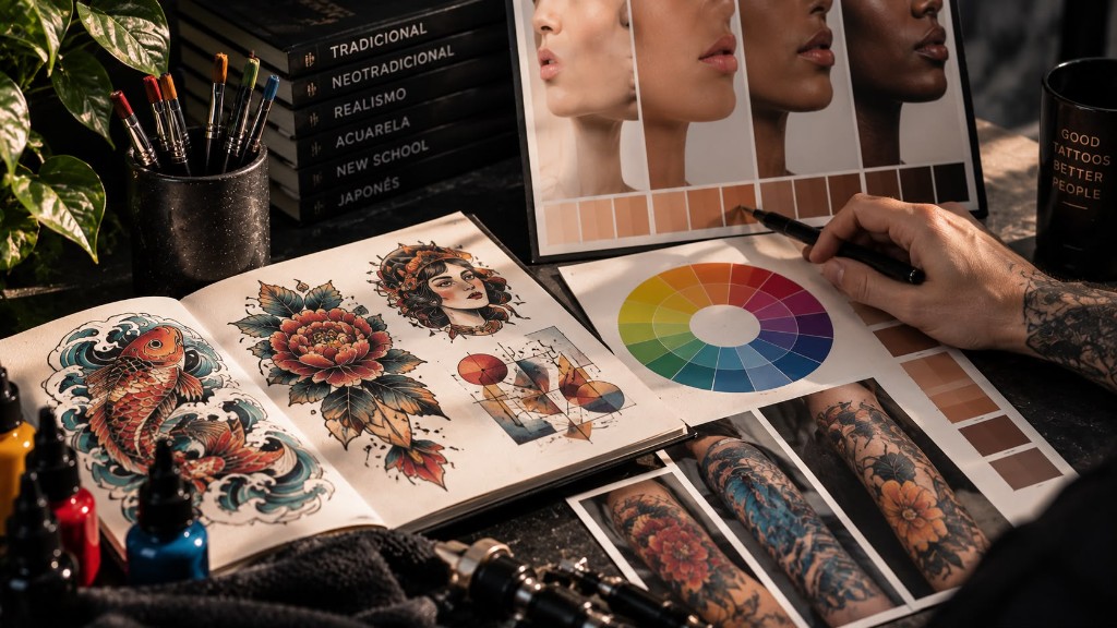 Estilos de tatuaje a color, rueda cromática y referencia de tonos de piel